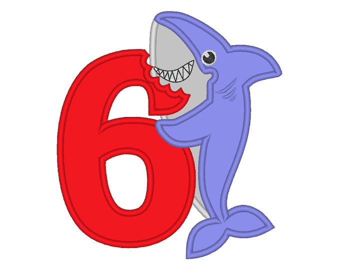 Baby Shark Birthday number 6 SIX bitten number kids boy Birthday outfit design machine embroidery applique designs for hoop 4x4, 5x7, 6x10