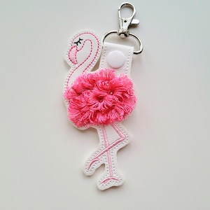 Fringed fluffy Flamingo bird key fob snap tab keychain in the hoop ITH project machine embroidery designs by Artapli for kids embroidery format PES HUS JEF DST EXP XXX VIP VP3 instant download