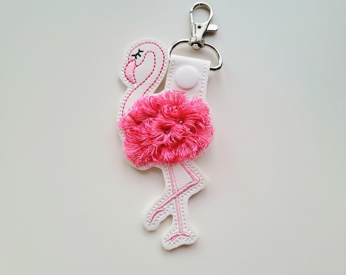 Fringed Flamingo key fob snap tab in the hoop machine embroidery designs pretty bird ITH project keyfob key tab keychain kids girl bag tag