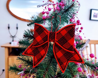 Plaid gingham Checked Christmas bow machine embroidery felt feltie design assorted sizes Christmas decoration - Feltie Designs 4x4 5x7 6x10