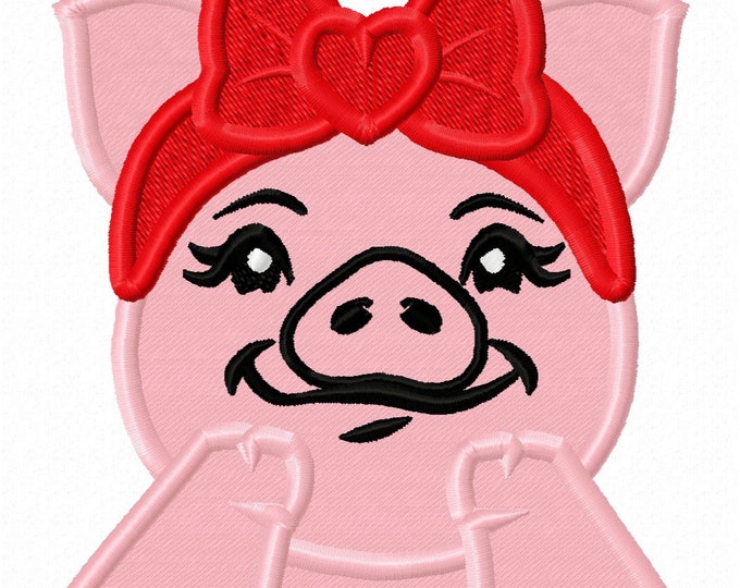 Adorable headband Piggy head pig with bandanna bow farm animal girl fill stitch machine embroidery  design in many sizes, cute pig heifer