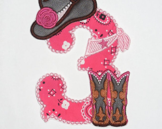 Lady Cowboy Birthday number 3 THREE - one number with boots and hat - machine embroidery applique designs 5x7 farm girl cowgirl third party