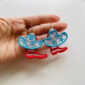 Cowboy cowgirl Boots and Hat earrings charm pendant FSL freestanding lace machine embroidery designs 4th July Patriotic lace earrings ITH