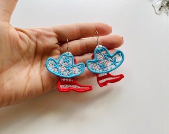 Cowboy cowgirl Boots and Hat earrings charm pendant FSL freestanding lace machine embroidery designs 4th July Patriotic lace earrings ITH