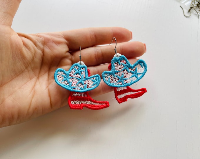 Cowboy cowgirl Boots and Hat earrings charm pendant FSL freestanding lace machine embroidery designs 4th July Patriotic lace earrings ITH
