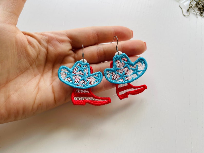 Cowboy cowgirl Boots and Hat earrings charm pendant FSL freestanding lace machine embroidery designs 4th July Patriotic lace earrings ITH in the hoop by Artapli embroidery format PES HUS JEF EXP DST VIP VP3 XXX instant download