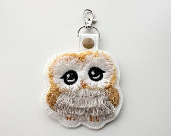 Fringed Fluffy Owl Eyelet and Key Fob Snap Tab in the hoop machine embroidery designs ITH project keychain fur animal bird kids bag tag
