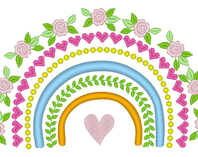 Roses rainbow boho Shabby chic machine embroidery design in assorted sizes, kids girly pretty floral rainbow heart leaf and rose flowers