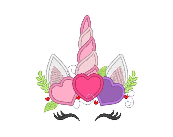 Valentine Unicorn with heart floral crown Applique machine embroidery designs in many sizes magic horse unicorn love kids girls pretty eyes