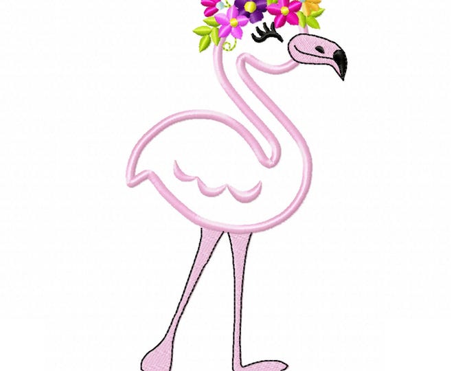 Flamingo with floral crown Applique pink bird gilrs kids machine embroidery designs flamingo sizes for hoop for 5x7 and 6x10