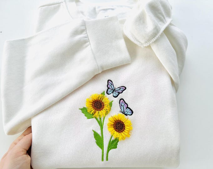Fringed fluffy Sunflower 2 stems and Butterfly awesome floral garden farm fringed fluffy chenille fringe Flower machine embroidery designs