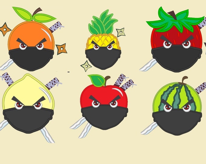 Fruit Ninjas set  machine embroidery fill stitch and applique designs for hoops 4x4, 5x7 - 4, 5, 5 1/2, 6 in Fruit Ninja