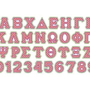 May include: A set of red and green alphabet letters and numbers with a checkered pattern. The letters are uppercase and the numbers are in a bold font.