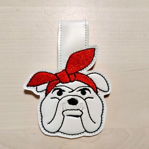 Bulldog face, Bulldog head, dog with bandanna pet key fob snap tab ITH keychain mini machine embroidery designs feltie in the hoop project