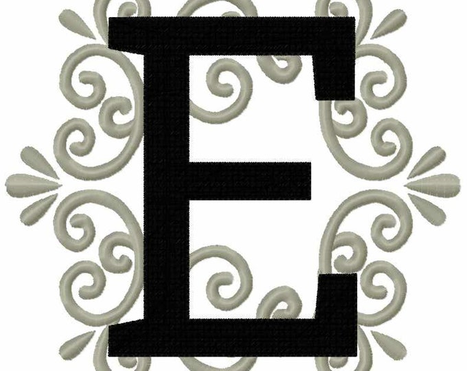Regal royal classic Letter E garden flag monogram lace swirl block font machine embroidery design monogram 4, 5, 6 and 8 in