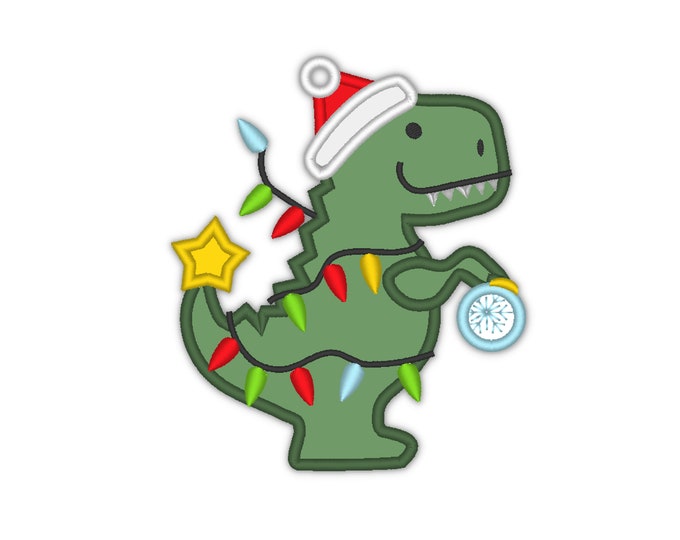 T-rex dinosaur with Santa hat and Christmas lights Applique design kids boy tshirt machine embroidery designs in sizes 4 up to 6 inches