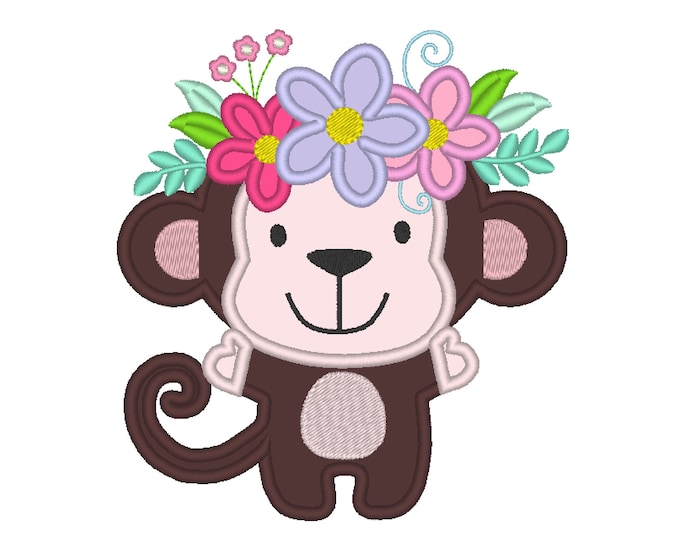 Floral crown Monkey flowers machine embroidery applique designs Monkey applique for hoops 4x4, 5x7, 6x10 and 8x8