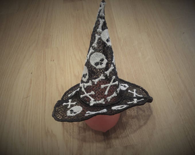 Halloween Witch Lace Hat with little skulls FSL Freestanding lace machine embroidery design for hoop 5x7 ready size approx 5" Hat ornament