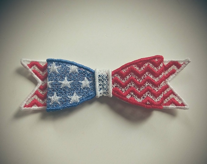 Patriotic 3D bow three-dimensional 3 dimensional FSL Free standing lace machine embroidery design Bow tie in the hoop ITH project embroidery