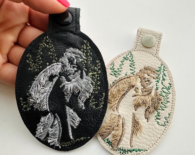 Big Foot Key Fob Snap Tab keychain In The Hoop Bigfoot Machine Embroidery designs ITH Project Yeti forest Sasquatch fringed fluffy design