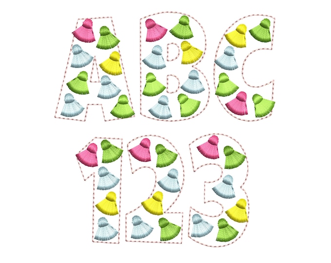 Fringed Tassel Festive Summer fluffy FONT machine embroidery designs assorted sizes pretty tassels letters monogram fringe in the hoop, BX