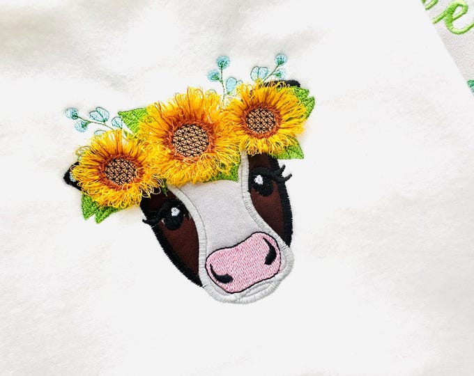 Cute Cow Applique Fringed Fluffy Floral Crown Boho fringed Sunflower flower machine embroidery designs farm Cow head face fringe in the hoop