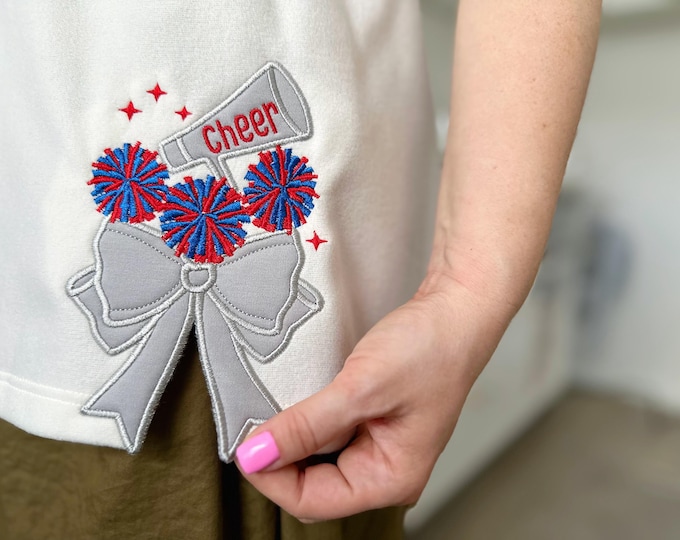 Cheer Sports Cheerleader pompoms easy to do Megaphone Bow Applique side seam Bow machine embroidery designs split seam Girly t-shirt