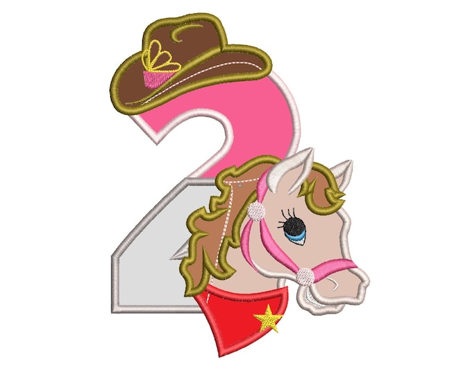 Cowgirl birthday number 2 TWO, only number 2 Farm Girl horse machine embroidery applique designs size 5, 6, 7 inches INSTANT DOWNLOAD