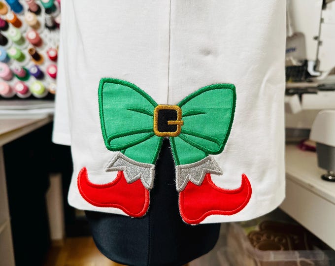 Christmas Elf Bow side bow split seam Santa Helper Elf boots machine embroidery designs sweatshirt t-shirt festive outfit kids design