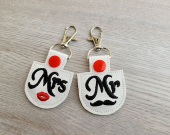 MR and MRS wedding gift key fob ITH in-the-hoop snap tab keyfob machine embroidery design in the hoop keychain embroidery project hoop 4x4