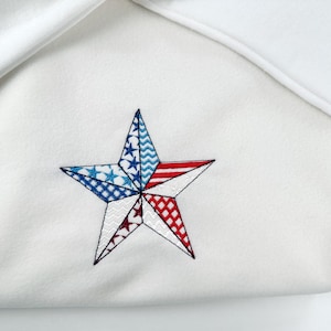 Patchwork US flag Patriotic Star outline stars and stripes patterned machine embroidery designs sizes 4 up to 8 inch 4th of July design