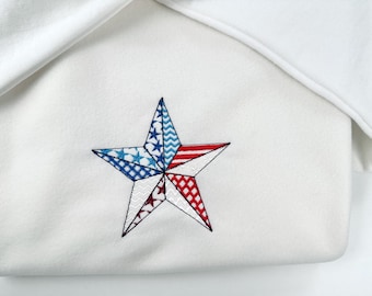 Patchwork US flag Patriotic Star outline stars and stripes patterned machine embroidery designs sizes 4 up to 8 inch 4th of July design