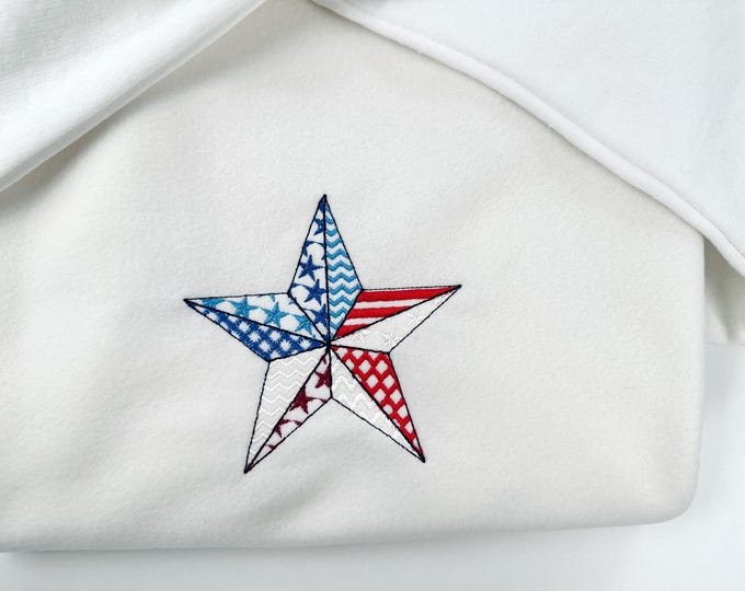Patchwork US flag Patriotic Star outline stars and stripes patterned machine embroidery designs sizes 4 up to 8 inch 4th of July design