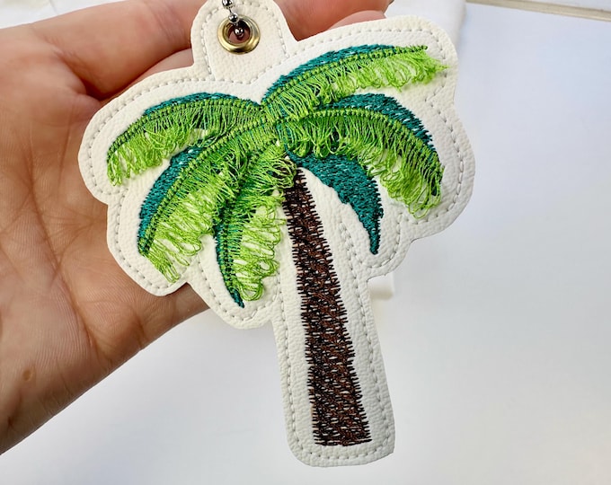 Summer Beach Palm tree Eyelet and Key Fob Snap Tab fringed fluffy floral keychain in the hoop ITH machine embroidery designs hoop 4x4 5x7