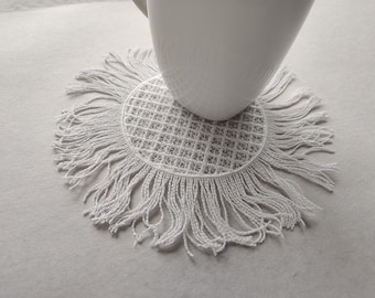 Flower round doily coaster with fringe fringed FSL Free standing lace machine embroidery designs in sizes 6x6, 8x8 inches in the hoop ITH