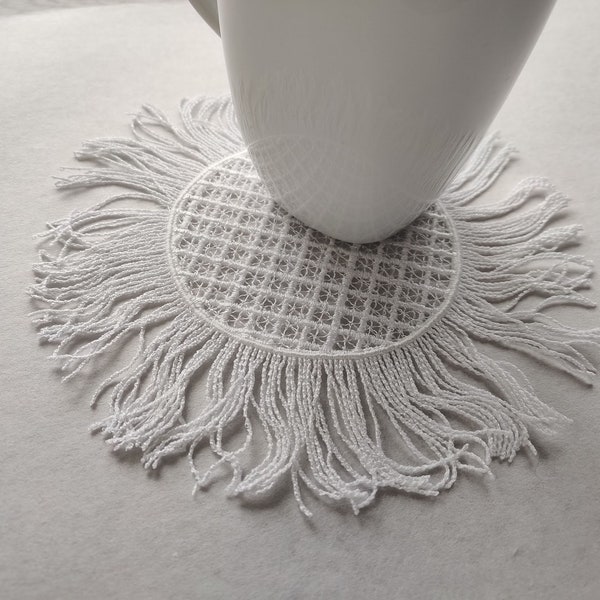 Flower round doily coaster with fringe fringed FSL Free standing lace machine embroidery designs in sizes 6x6, 8x8 inches in the hoop ITH