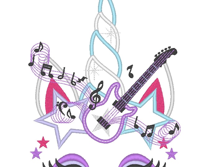 Rock Music Unicorn with guitar and notes kids girls Applique machine embroidery designs magic animal Unicorn face sizes for hoop 5x7  6x10