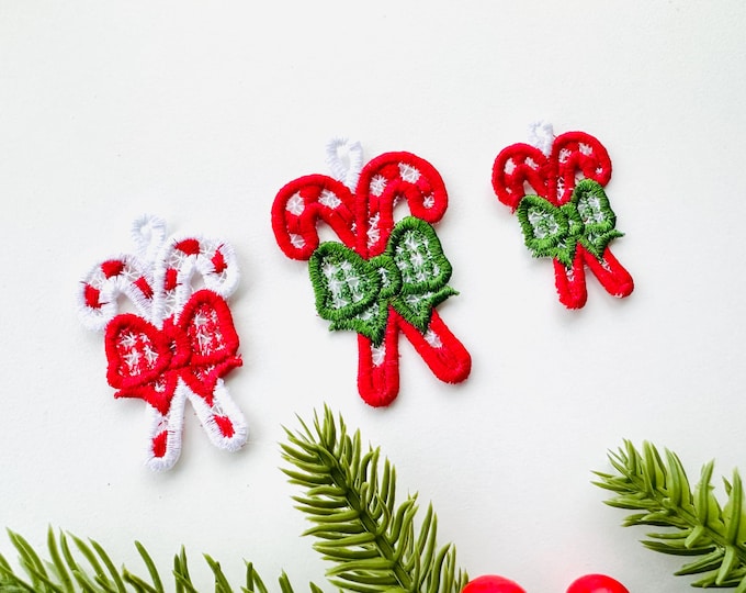Candy Cane charm pendant ornament SET of 2 types FSL freestanding lace machine embroidery designs Christmas kids gift tag candy candies bow