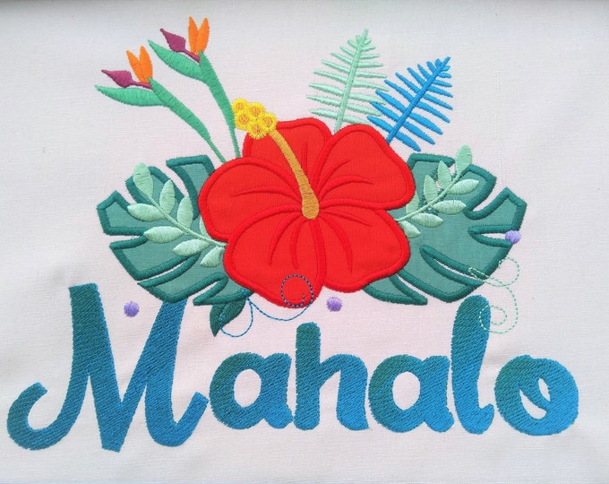 Tropical flowers big leaves hibiscus flower crown applique machine embroidery design Summer floral bouquet blossom leaf applique design