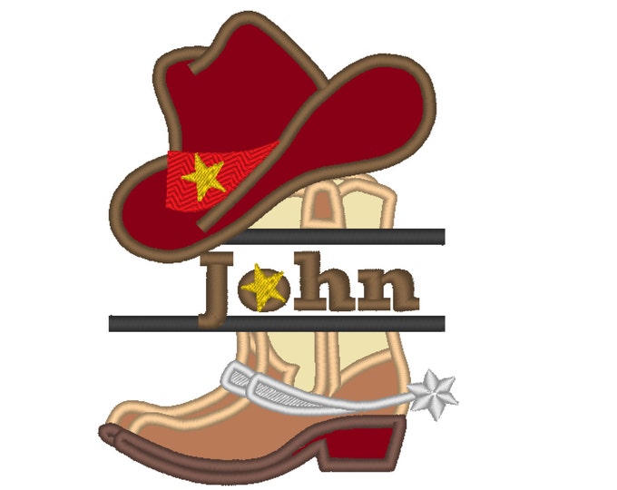 Cowboy boots and hat split Applique design and Font Cowboys Family Personalized Name machine embroidery designs for hoop 4x4, 5x7, BX incl