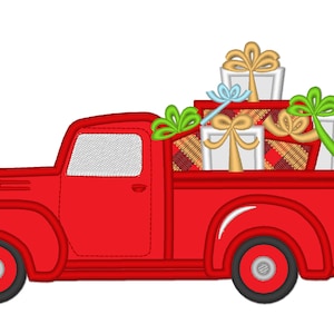 May include: A red vintage pickup truck with a white bed filled with wrapped gifts. The gifts are tied with gold and blue ribbon and have a plaid pattern.