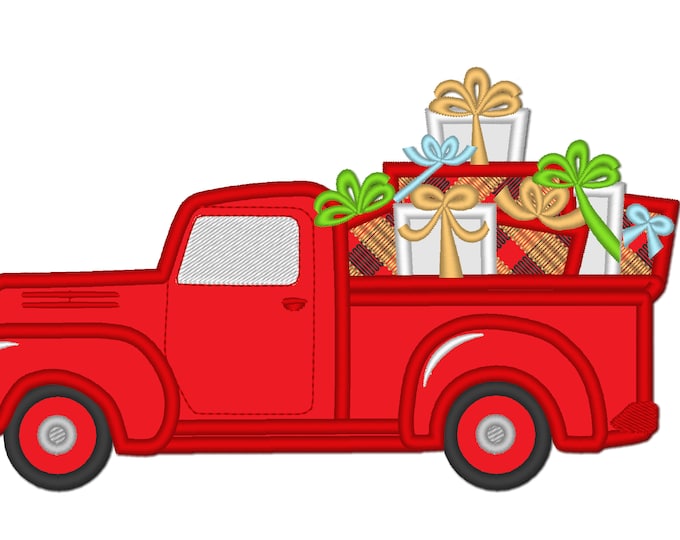 Station wagon with Christmas gifts in gingham plaid wrap Truck with presents back Vintage machine embroidery applique 7, 8, 9, 10, 12