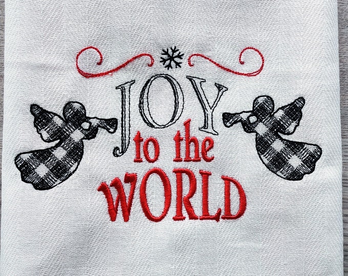 Joy to the world Merry Christmas gingham old fashioned classic Kitchen dish towel quote machine embroidery designs 4x4, 5x7