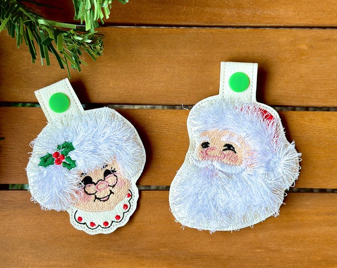 Mr and Mrs Claus ITH key fob snap tab machine embroidery designs Christmas gift idea keychain in the hoop simply embroidery project Santa