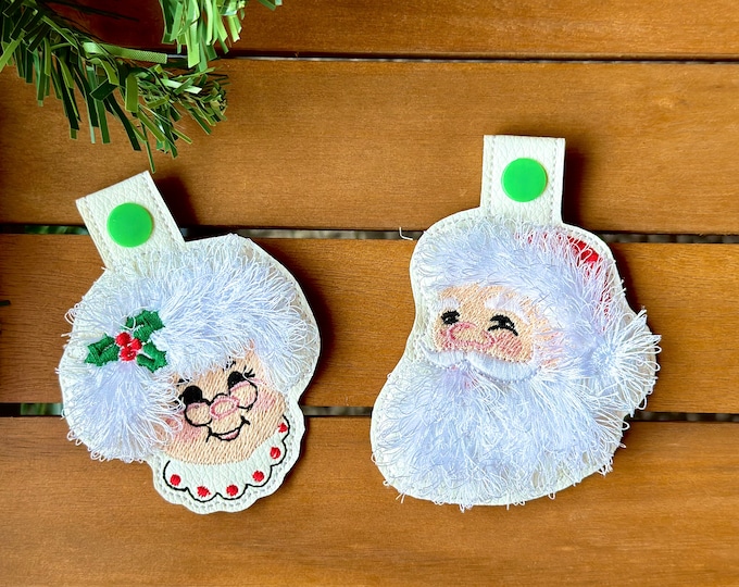 Mr and Mrs Claus ITH key fob snap tab machine embroidery designs Christmas gift idea keychain in the hoop simply embroidery project Santa