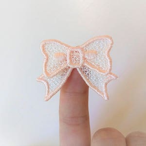 May include: A delicate, pale pink lace bow applique. The bow is made of a fine, open-weave fabric with a delicate, feminine design.