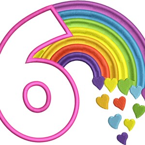 Cute Rainbow Birthday Number 6 SIX machine embroidery applique designs size 4, 5, 6 and 7 inches, rainbow baby birthday number 6 image 2