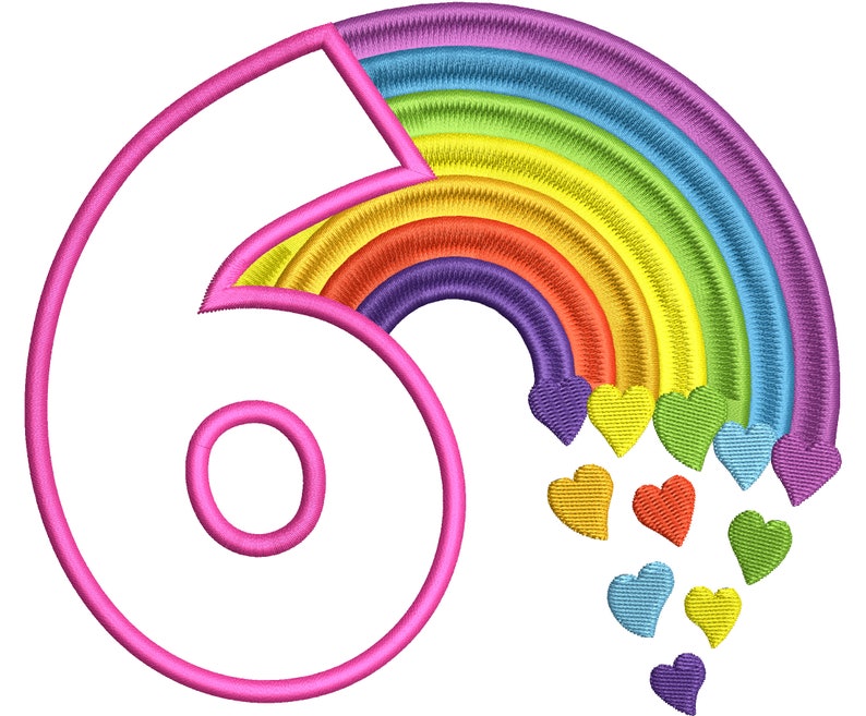 Cute Rainbow Birthday Number 6 SIX machine embroidery applique designs size 4, 5, 6 and 7 inches, rainbow baby birthday number 6 image 2