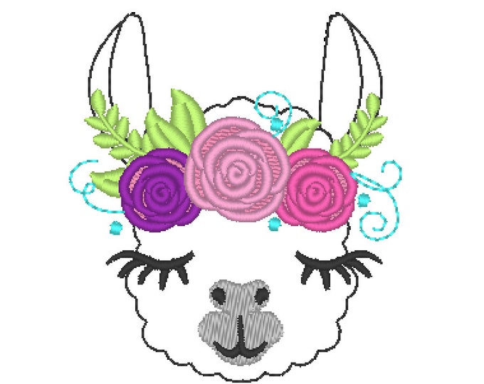 MINI Llama face Llama with  roses floral crown 3 roses llama  flowers crown rainbow machine embroidery designs