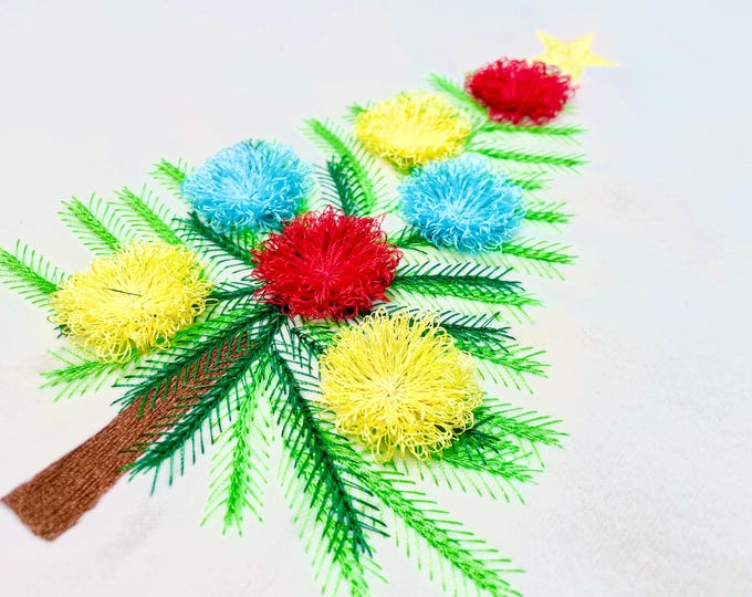 Fringed fluffy Christmas Tree with Pompom Garland machine embroidery designs kids fringe fur chenille Spruce Pine Tree sizes 5 up to 9 inch